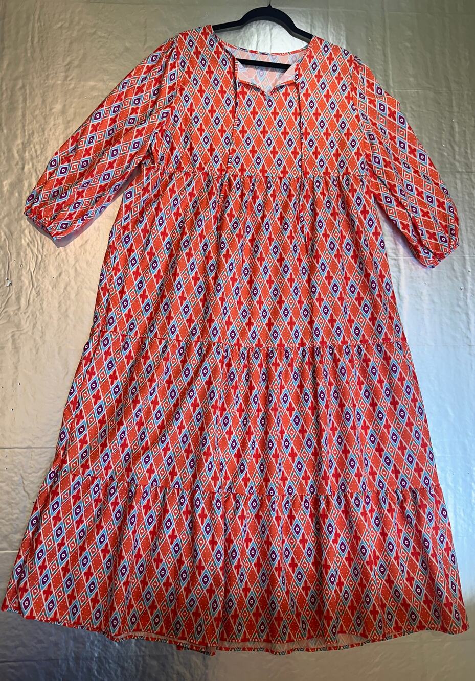 XXL Orange Geometric Boho Tiered Midi Dress 3/4 Sleeve NWOT